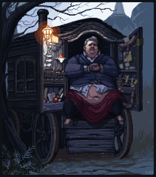 Resident Evil 8 · The Merchant — pixel art